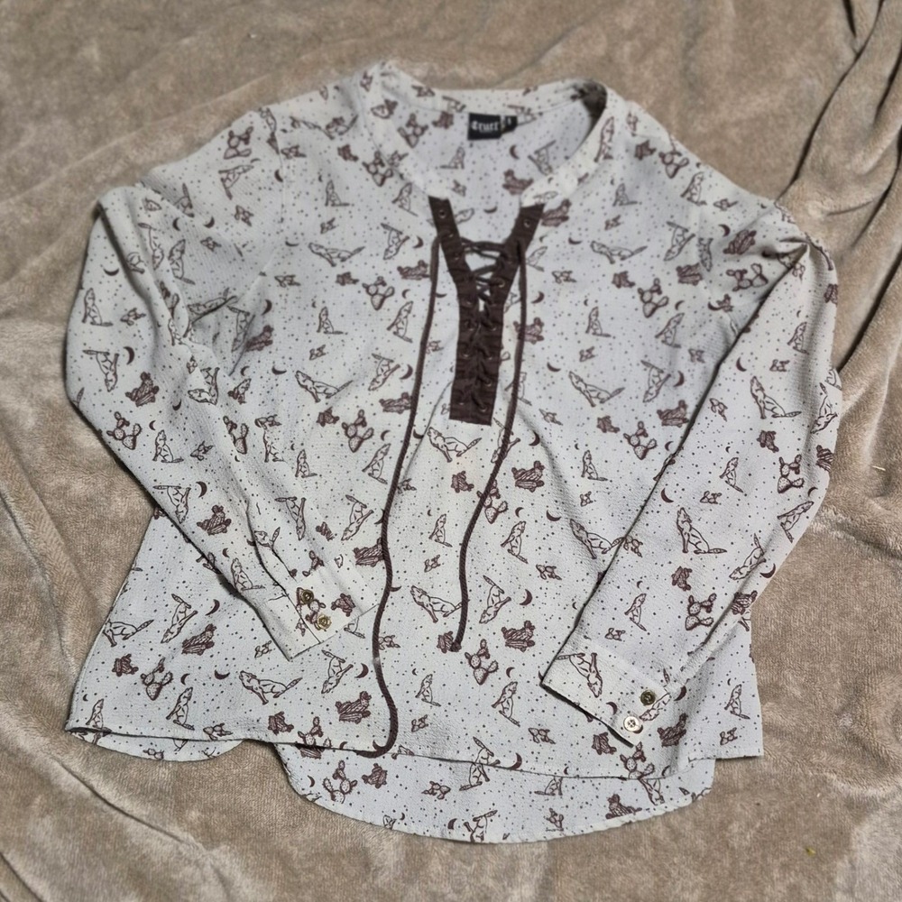 Cruel Denim Womens Medium Grey Brown Speckled Print Long Sleeve Button Up Shirt